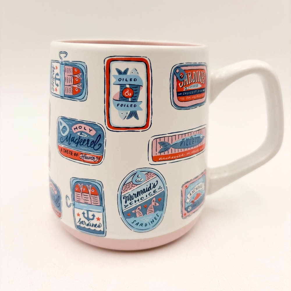 Fig & Fern Tinned Fish Sardine Label Ceramic Mug Pink White Holy Mackerel Art